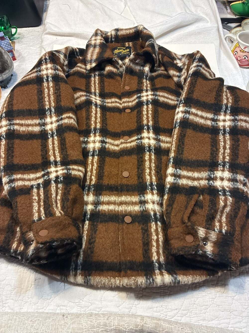 Maison Article Plaid Quilted Padded Jacket in Brown Faux Mohair Size L